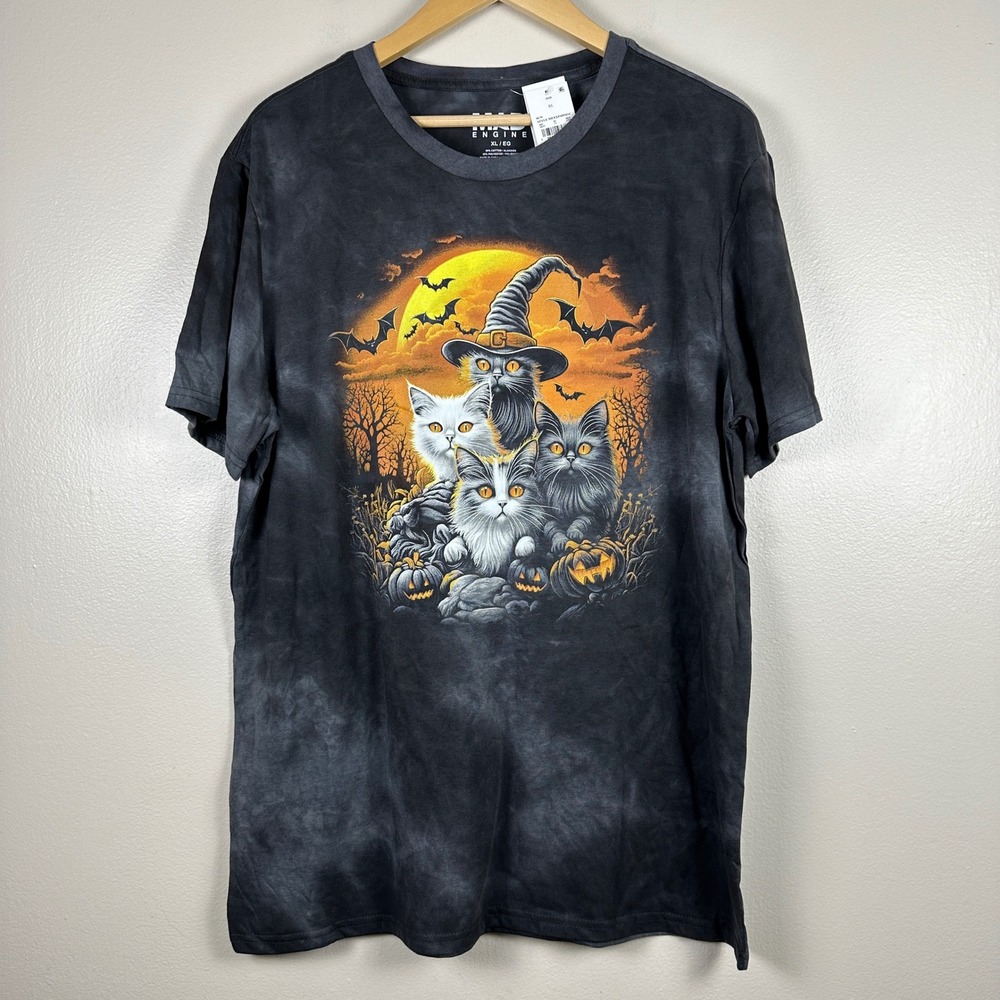 Mad Engine Women's XL T-Shirt Gray Tie Dye Halloween Witch Cats Graphic Tee NEW